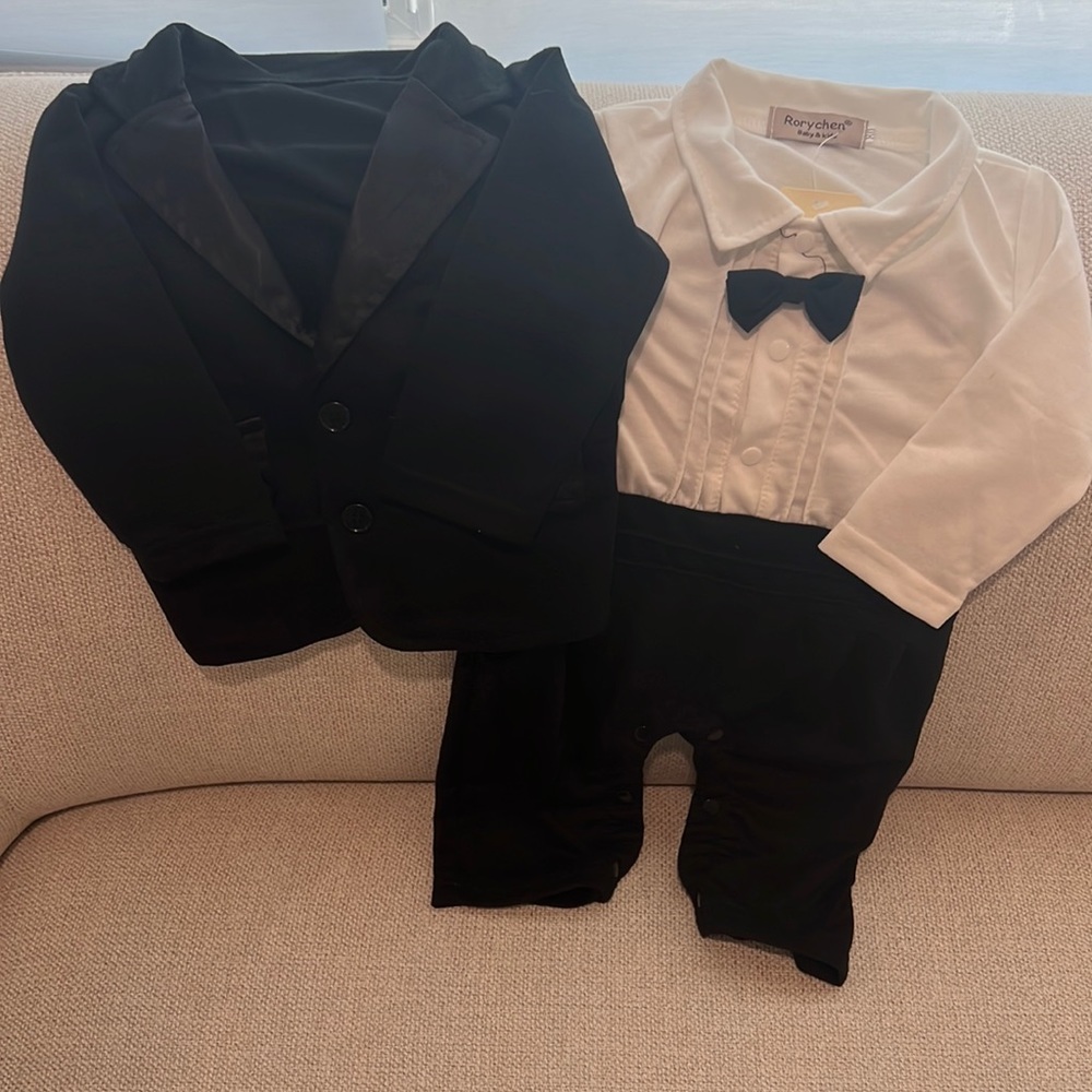 Toddler black tuxedo jumpsuit+jacket size 9 months